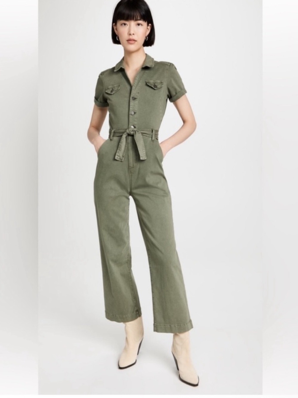 Paige Jumpsuit Anessa Self Belt Short Sleeve in Ivy Green Size 4